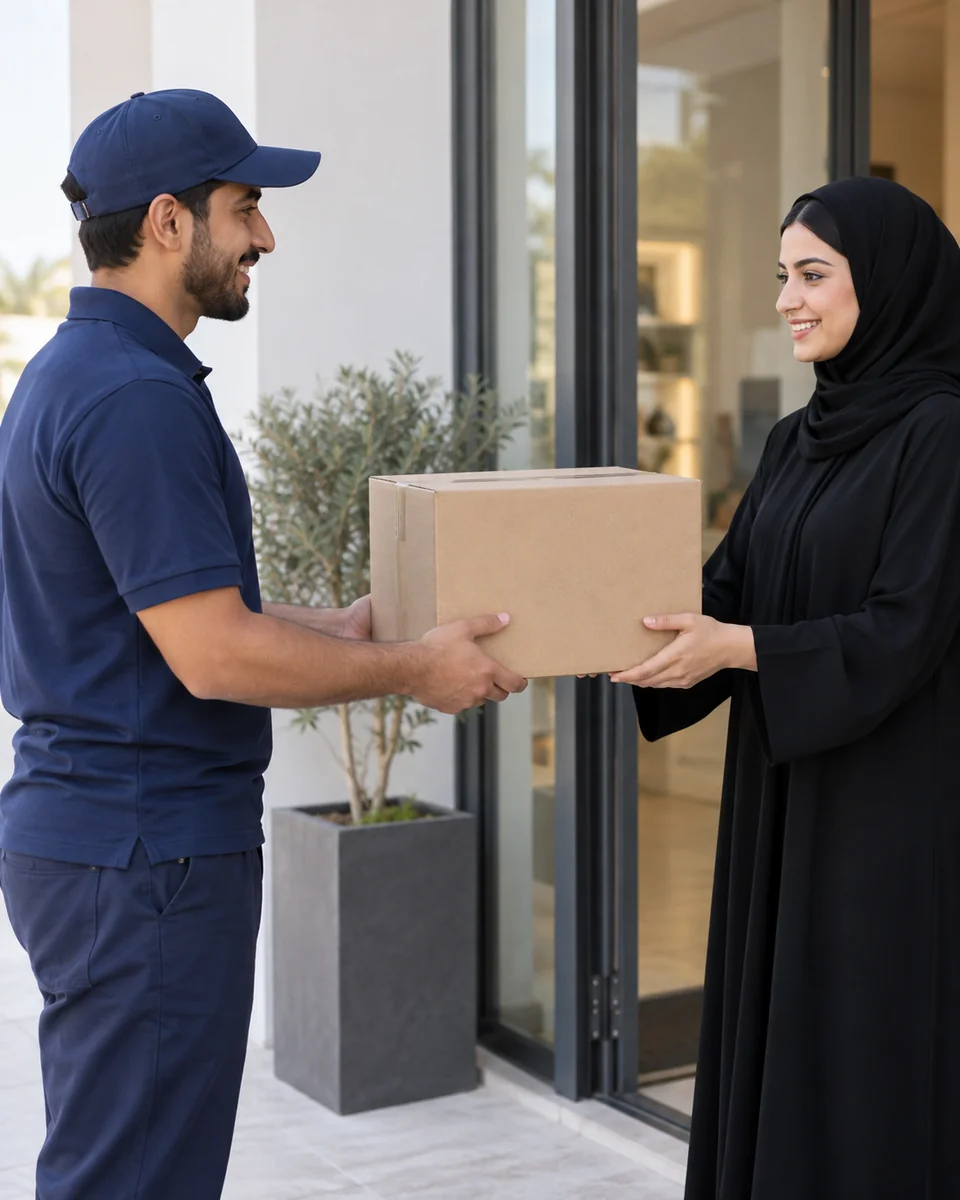 Illustrative parcel handover to an adult customer