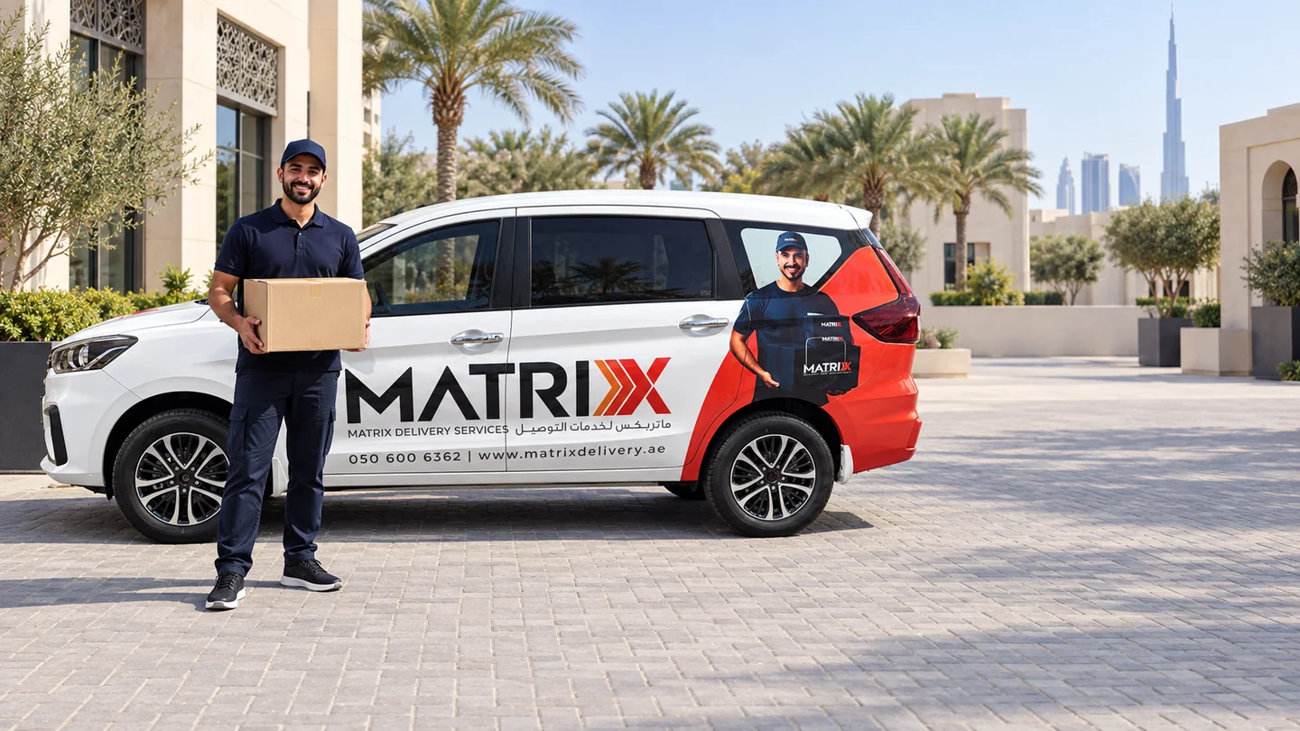 Illustrative scene of the reference vehicle and a courier holding a sealed parcel